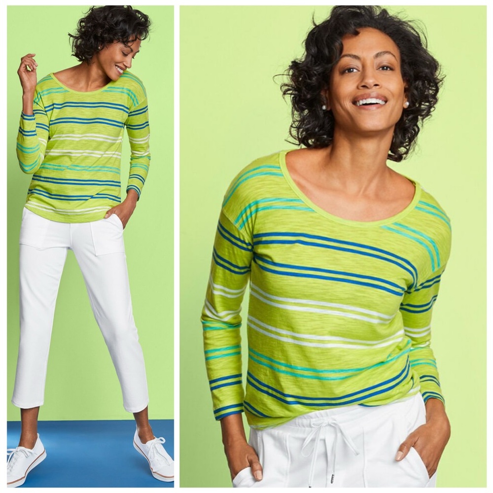 T BY TALBOTS NWT XLP Kiwi Stripe Cross Back Top • Athleisure Cotton Modal Slub - Picture 9 of 10